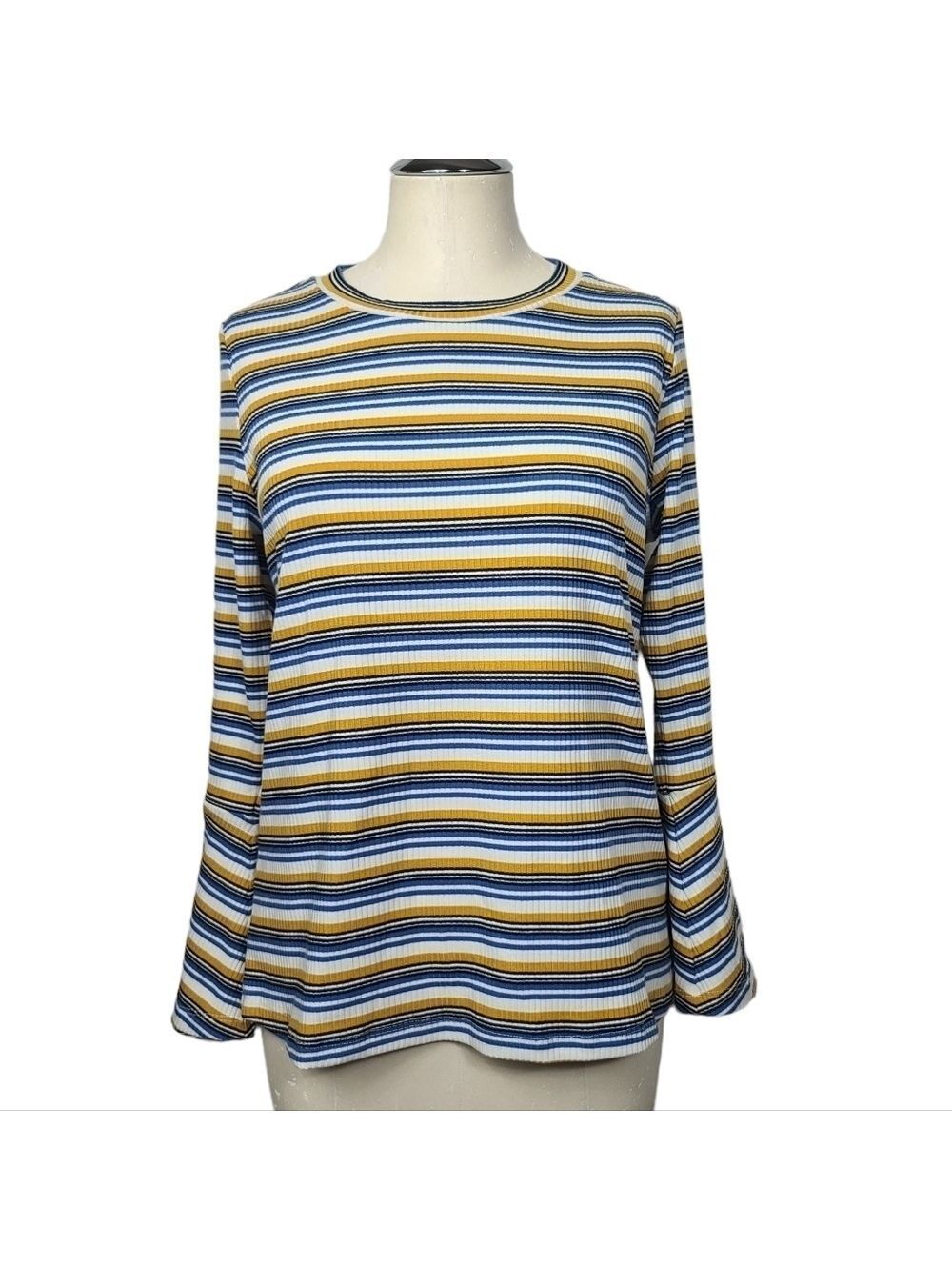 Skies Are Blue Striped Yellow Blue White Bell Sleeves Crewneck Shirt M